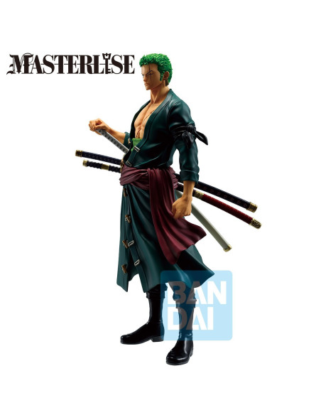 Vue de profil de la figurine de Zoro, montrant son regard déterminé et la disposition de ses sabres.
