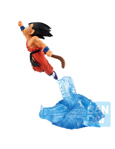Profil de la figurine Son Goku, soulignant l'expression de son visage et les plis de son uniforme