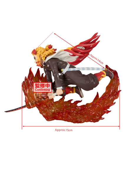 Profil de la figurine de Rengoku, soulignant les dimensions de la figurine et la conception de sa cape