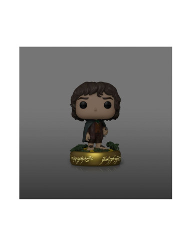 effet glow in the dark sur le socle en forme d'anneau , et visuel de la figurine de frodo de face