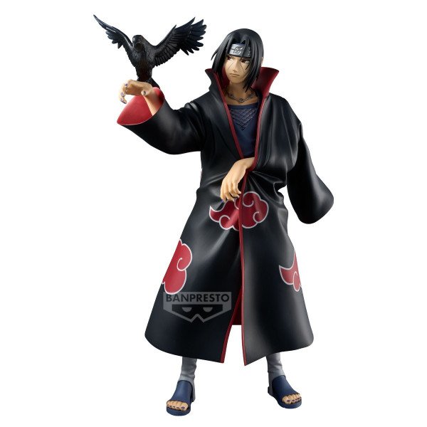 Figurine Itachi Uchiha Grandista Special Edition , manteau Akatsuki noir et rouge, pose iconique avec corbeau – vue de face