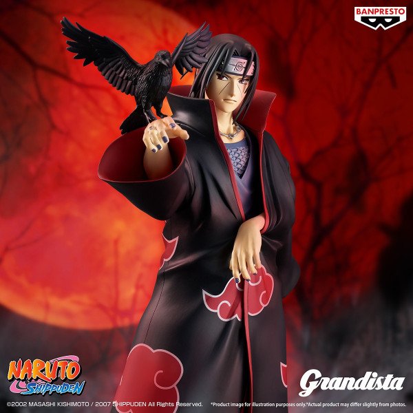 Figurine Itachi Uchiha Grandista Special Edition Banpresto en mise en scène officielle sur fond rouge Naruto Shippuden