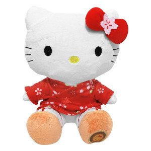 Peluche Hello Kitty assise portant un kimono rouge à motifs fleurs de cerisier (Sakura), 24 cm.