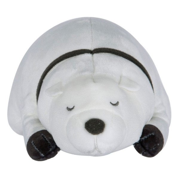 Gros plan du visage endormi de la peluche Bond Forger avec ses petits yeux fermés et son museau noir.