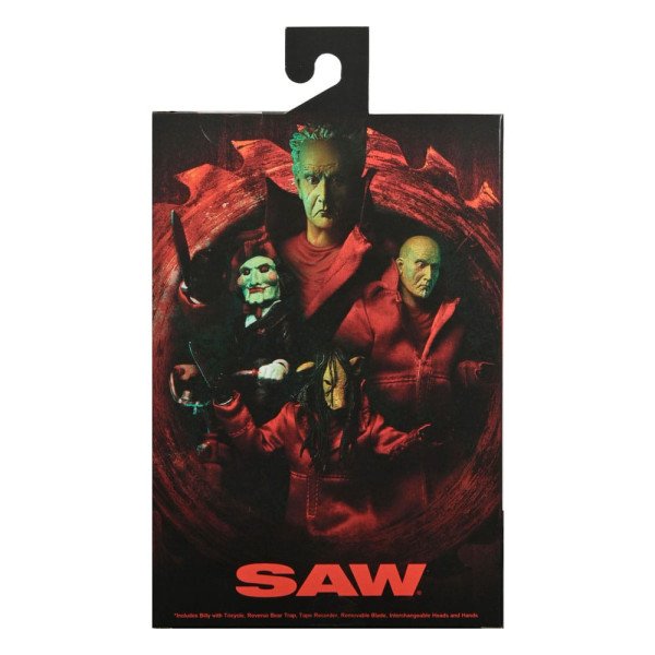 Face avant boîte figurine de collection Jigsaw Saw Ultimate par NECA avec visuels des personnages