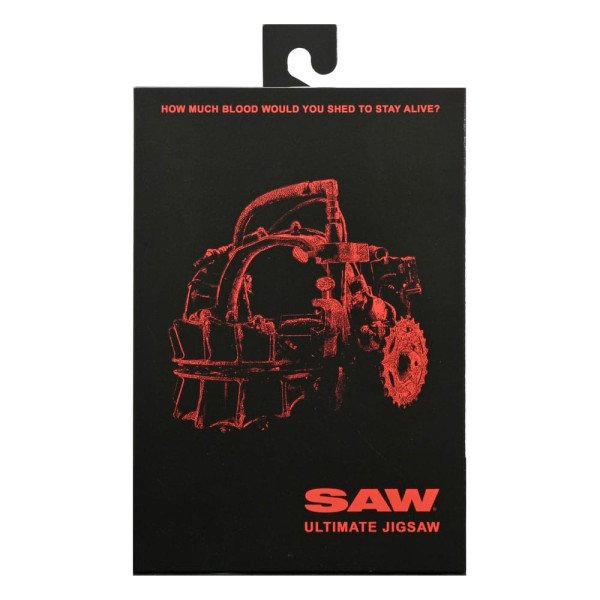 Dos de boîte figurine de collection Jigsaw Saw Ultimate par NECA avec illustration du piège mécanique