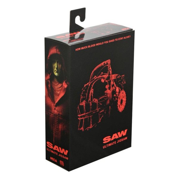 Packaging figurine de collection Jigsaw Saw Ultimate par NECA avec visuel piège emblématique du film
