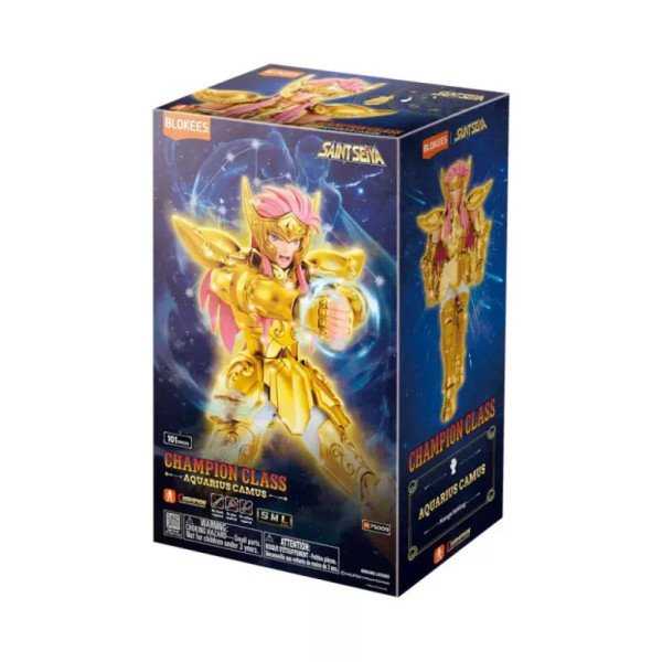 Boîte de la figurine de Aquarius Camus Saint Seiya Blokees Champion Class avec illustration officielle et armure d’or.