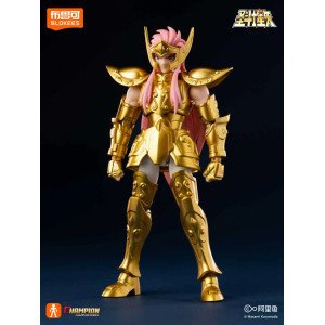 Figurine de collection Aquarius Camus Saint Seiya Blokees Champion Class présentée de face avec détails de l’armure d’or.