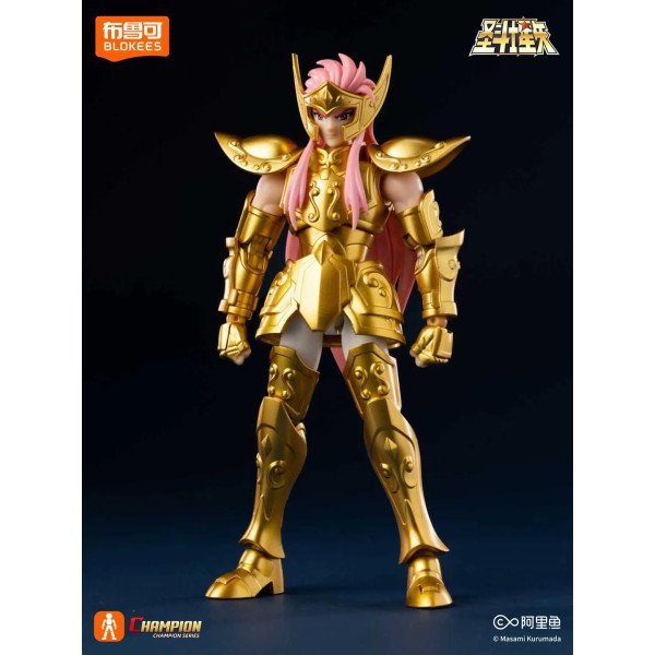 Figurine de collection Aquarius Camus Saint Seiya Blokees Champion Class présentée de face avec détails de l’armure d’or.