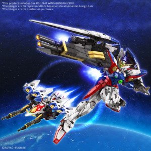 Figurine de collection Wing Gundam Zero Gundam Wing par Bandai RG 1/144 en pose de combat aérien avec Wing Binder.