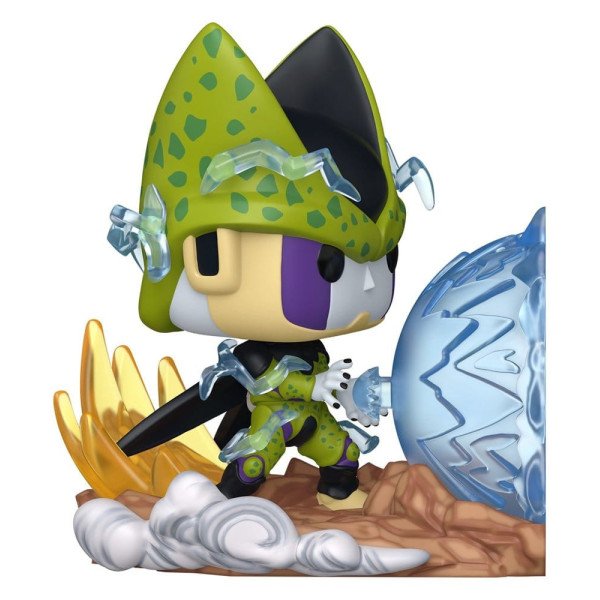 Figurine POP Deluxe Perfect Cell Dragon Ball Z en pleine attaque Kamehameha avec effets d’énergie bleue