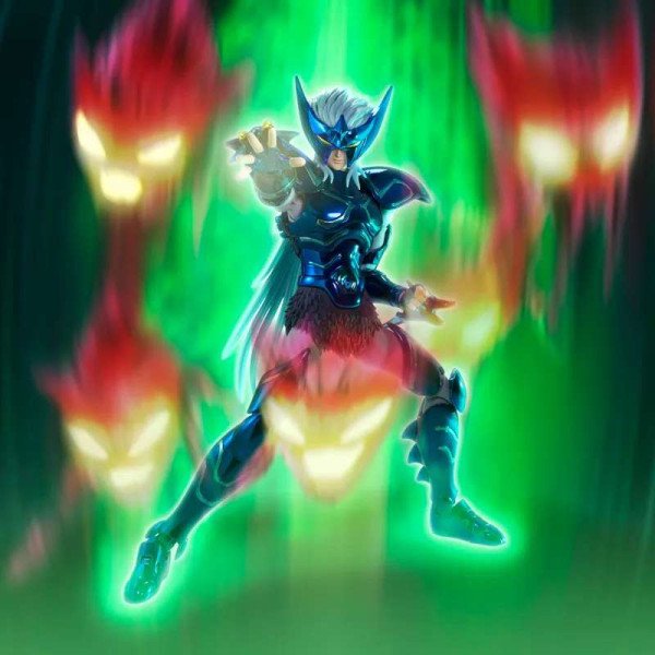 Figurine Saint Cloth Myth EX Epsilon Alioth Fenrir Bandai en pose d’attaque avec effet énergétique inspiré de Saint Seiya.