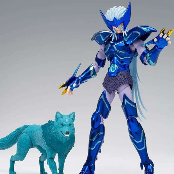 Figurine Saint Cloth Myth EX Epsilon Alioth Fenrir par Bandai accompagnée de son loup divin, vue frontale détaillée.