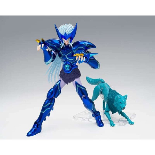 Figurine Saint Cloth Myth EX Epsilon Alioth Fenrir Bandai en pose de combat dynamique avec le loup d’Alioth.
