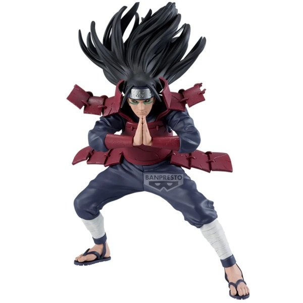 Figurine Hashirama Senju Naruto Shippuden Vibration Stars Banpresto realisant un signe de main jutsu avec armure samurai rouge.