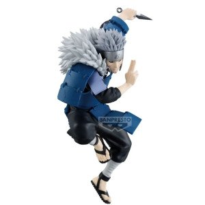 Figurine Tobirama Senju Vibration Stars Naruto Shippuden par Banpresto en plein saut avec kunai et armure bleue.