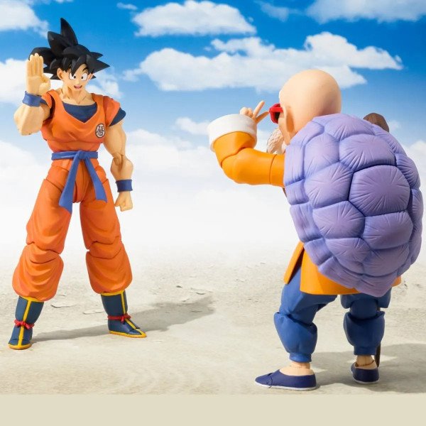 Scène avec Son Goku S.H. Figuarts face à Maître Roshi (carapace), ambiance “désert” – Dragon Ball Z (Bandai Spirits).