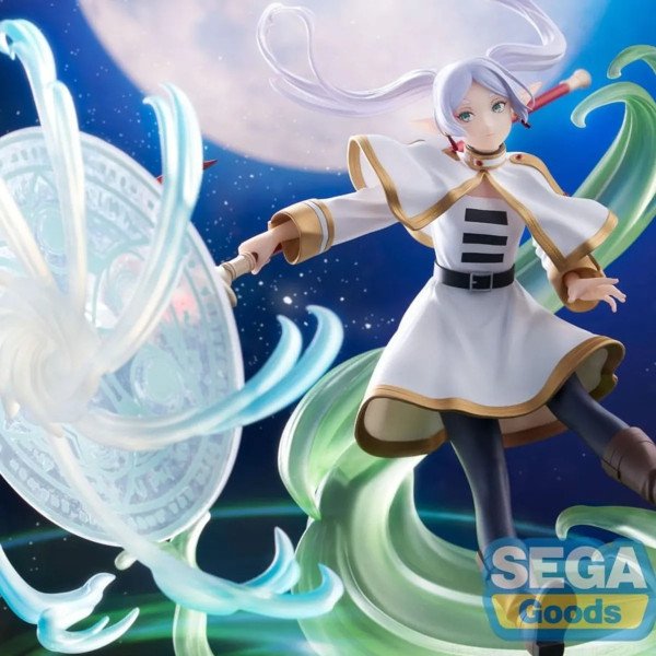 Gros plan sur Frieren FIGURIZMa SEGA Goods – haut du corps et cercle magique translucide.