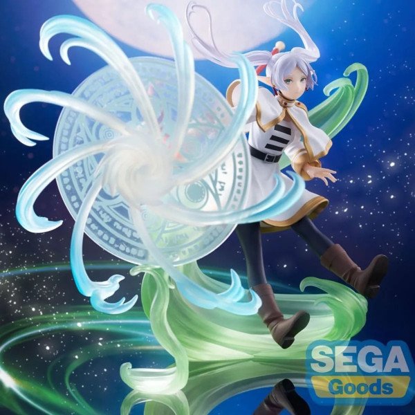 Frieren FIGURIZMa SEGA Goods – pose dynamique avec effets magiques au premier plan.
