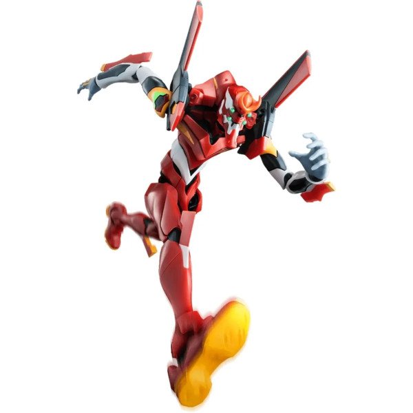Figurine Evangelion EVA Unit 02 Blokees Legacy Edition – pose dynamique avec semelle visible (effet plongée).