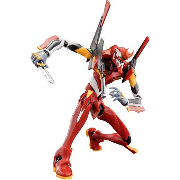 Figurine Blokees Evangelion EVA Unit-02 Ultra Action Figure Legacy Edition en pose dynamique, genoux fléchis.