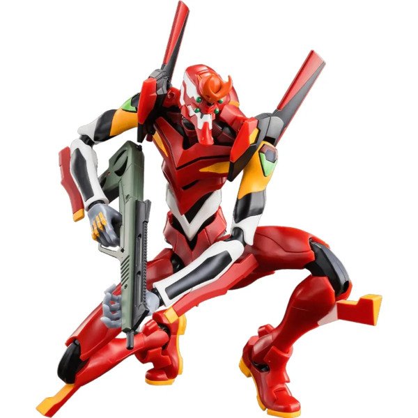 Figurine Blokees Evangelion EVA Unit-02 Ultra Action Figure Legacy Edition en pose accroupie avec fusil tenu à deux mains.