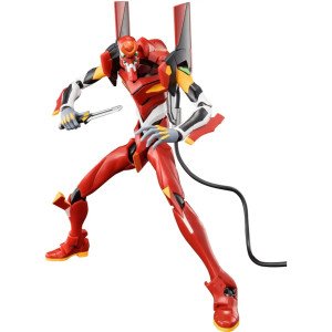 Figurine Blokees Evangelion EVA Unit-02 Ultra Action Figure Legacy Edition en pose debout de combat avec câble d’alimentation.