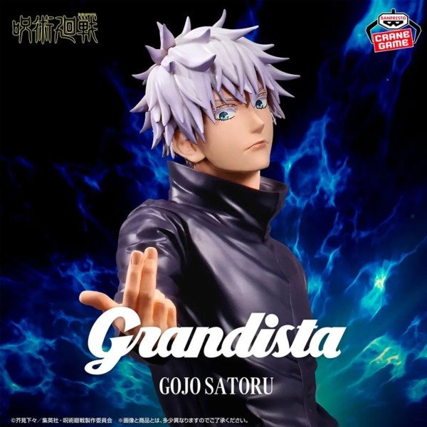 Figurine Grandista Gojo Satoru (Jujutsu Kaisen) par Banpresto, visuel officiel avec fond d’éclairs bleus et logo Grandista.