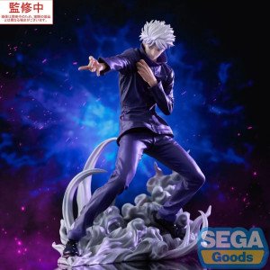 Statuette PVC Luminasta Satoru Gojo Hollow Purple (Jujutsu Kaisen) par Sega, attaque avec effet d’énergie, vue de face.