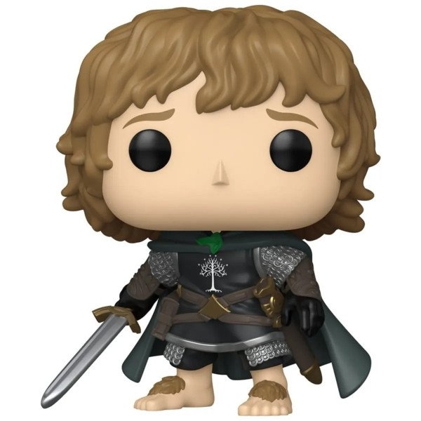 Figurine Funko POP! Movies Peregrin Took (Le Seigneur des Anneaux) en vinyle, vue de face avec épée et armure.