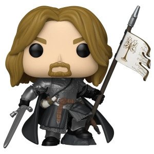 Figurine Funko POP! Movies Boromir (Le Seigneur des Anneaux) en vinyle, avec épée et bannière du Gondor, vue de face.