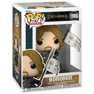 Figurine Funko POP! Movies Boromir (Le Seigneur des Anneaux) en vinyle, avec épée et bannière du Gondor, vue de face. 2