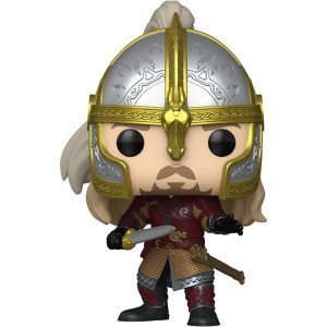 Figurine Funko POP! Movies Éomer (Le Seigneur des Anneaux) en vinyle, avec casque du Rohan et épée, vue de face.