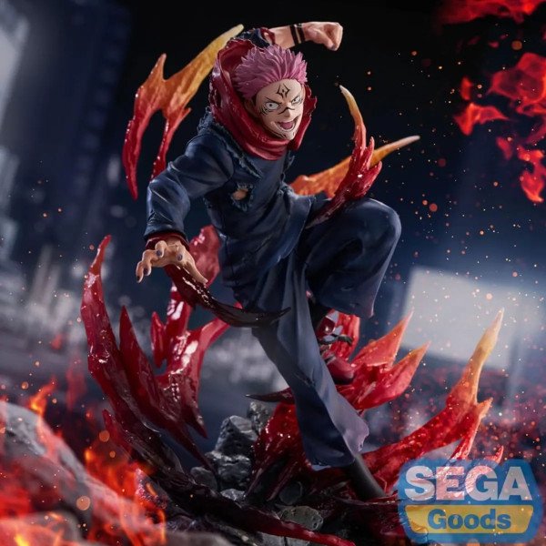 Statuette PVC FIGURIZMa Sukuna (Jujutsu Kaisen) en mise en scène, vue de face avec effets d’énergie rouges.