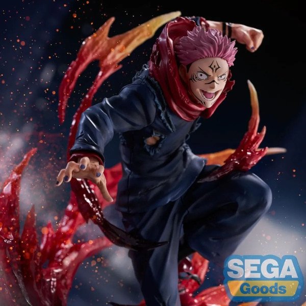 Détail du buste de la statuette PVC FIGURIZMa Sukuna (Jujutsu Kaisen), expression féroce et tenue déchirée.