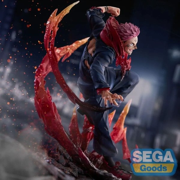Statuette PVC FIGURIZMa Sukuna (Jujutsu Kaisen), vue de profil avec effets d’énergie rouges et pose dynamique.