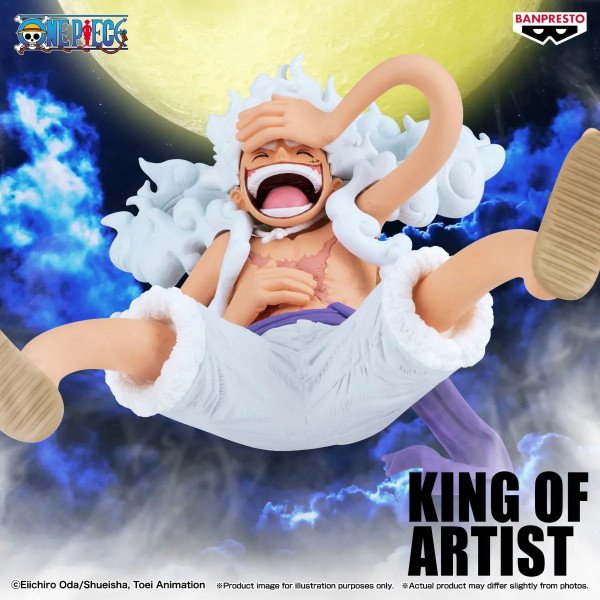 Visuel promotionnel de la figurine King of Artist Monkey D. Luffy Gear 5 (One Piece) de Banpresto, avec lune en arrière-plan.