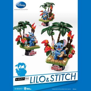 Diorama PVC D-Stage Stitch (Disney) Beast Kingdom, vue de face avec ukulélé, palmiers et torches. 2