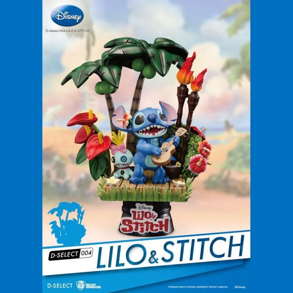 Diorama PVC D-Stage Stitch (Disney) Beast Kingdom, vue de face avec ukulélé, palmiers et torches.