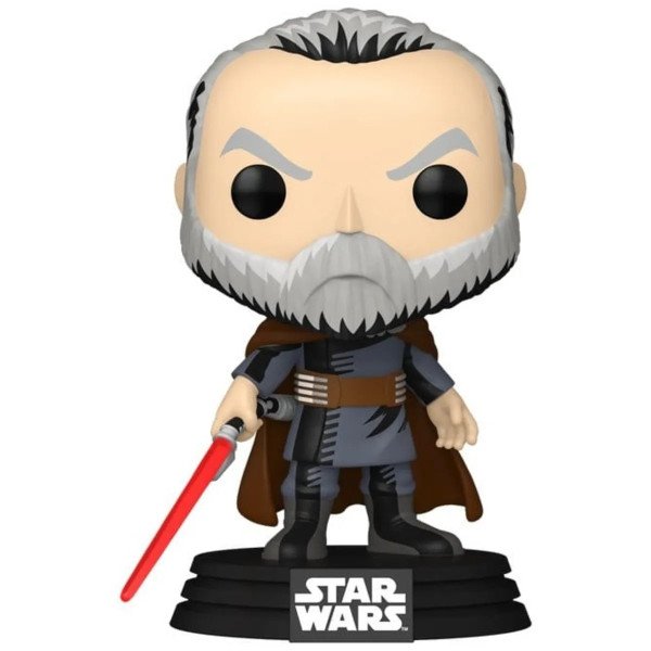 Figurine vinyle POP Count Dooku Retro (Star Wars) Funko, vue de face avec sabre rouge.
