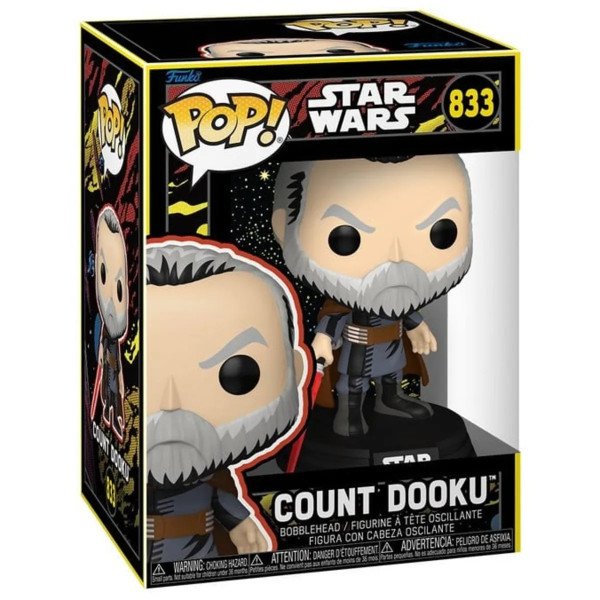 Boîte POP Count Dooku Retro (Star Wars) Funko, vue de face avec packaging.