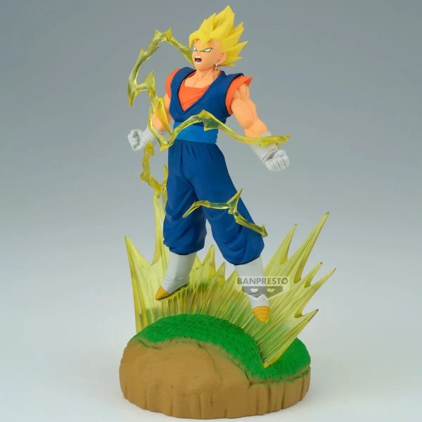 Figurine History Box Vegito (Dragon Ball) Banpresto, vue trois-quarts gauche avec aura jaune.