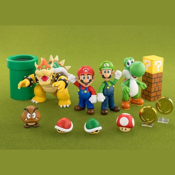 Visuel gamme S.H. Figuarts Super Mario avec Mario, Luigi, Yoshi, Bowser et accessoires.