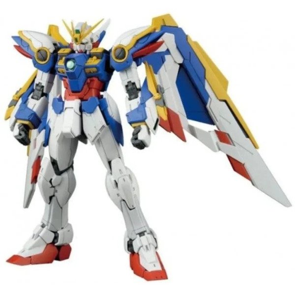 Gunpla MG 1/100 Wing Gundam Ver. Ka Bandai, vue de face en legere contre-plongee.