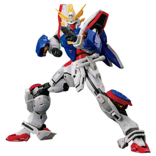 Gunpla RG 1/144 Shining Gundam Bandai, pose de combat en vue trois-quarts.