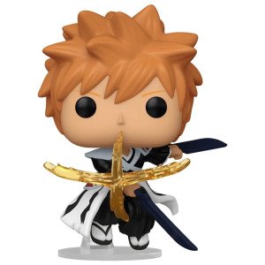 Figurine vinyl Funko POP Ichigo Kurosaki de Bleach, vue de face avec effet d’attaque et zanpakuto.