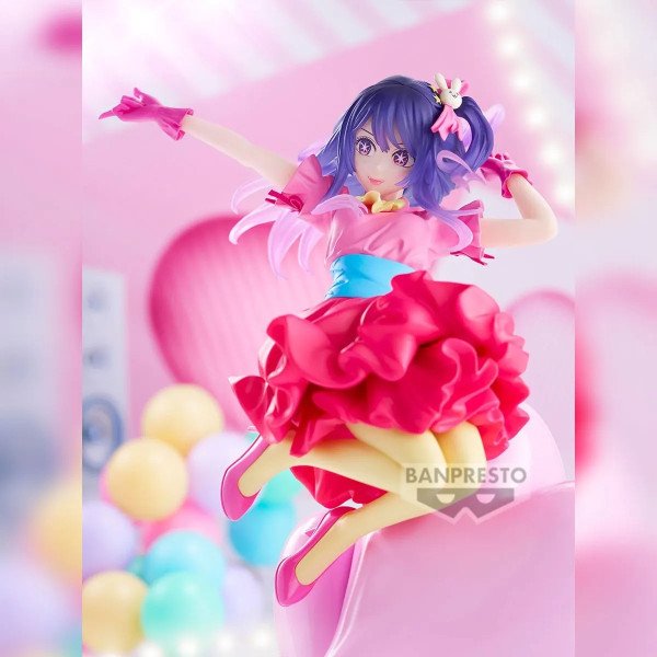 Figurine Ai Oshi no Ko Espresto Poppin' Heart de Banpresto, vue de face sur cœur rose avec décor pastel.