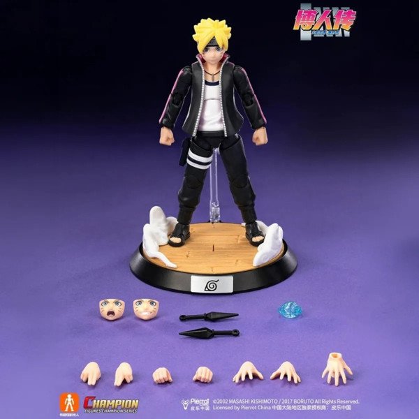 Set Boruto Uzumaki Champion Class de Blokees avec socle, visages alternatifs, mains, kunai et effet Rasengan.