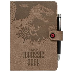Carnet premium A5 Jurassic Park vue de face avec couverture effet peau de dinosaure et stylo.